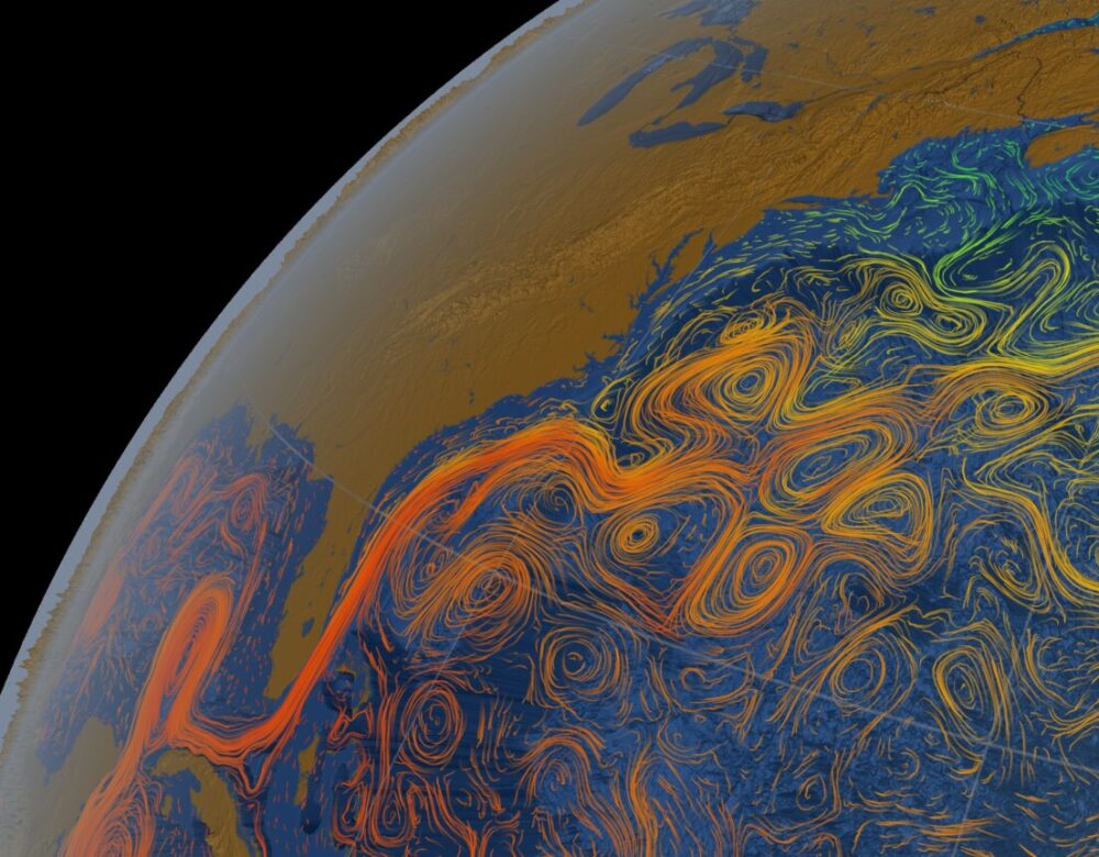 Illustration of earth with North America to the left and rainbow-colored lines over the Atlantic Ocean.