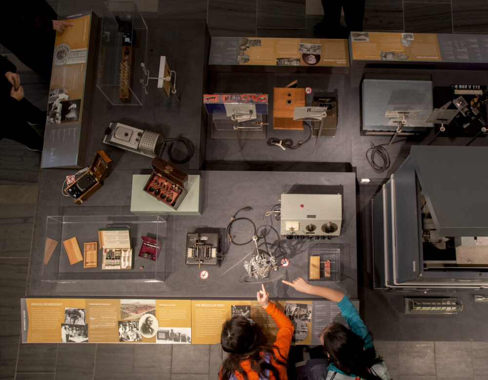 overhead view of museum displays
