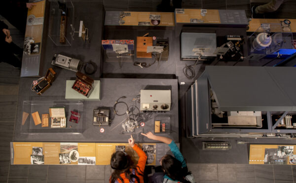 overhead view of museum displays