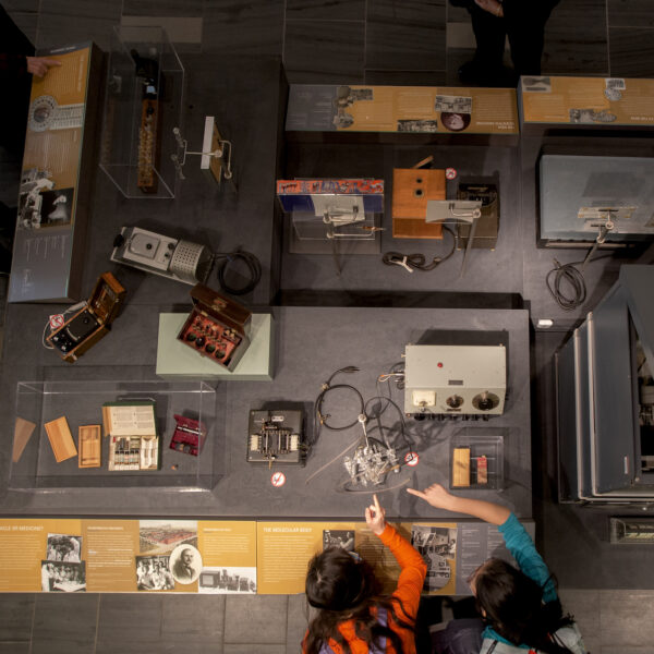 overhead view of museum displays