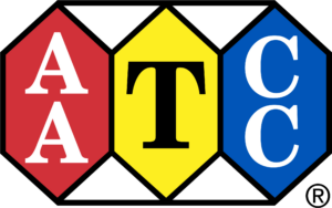 AATCC logo with primary colors and black borders. Octagon with three hexagons.