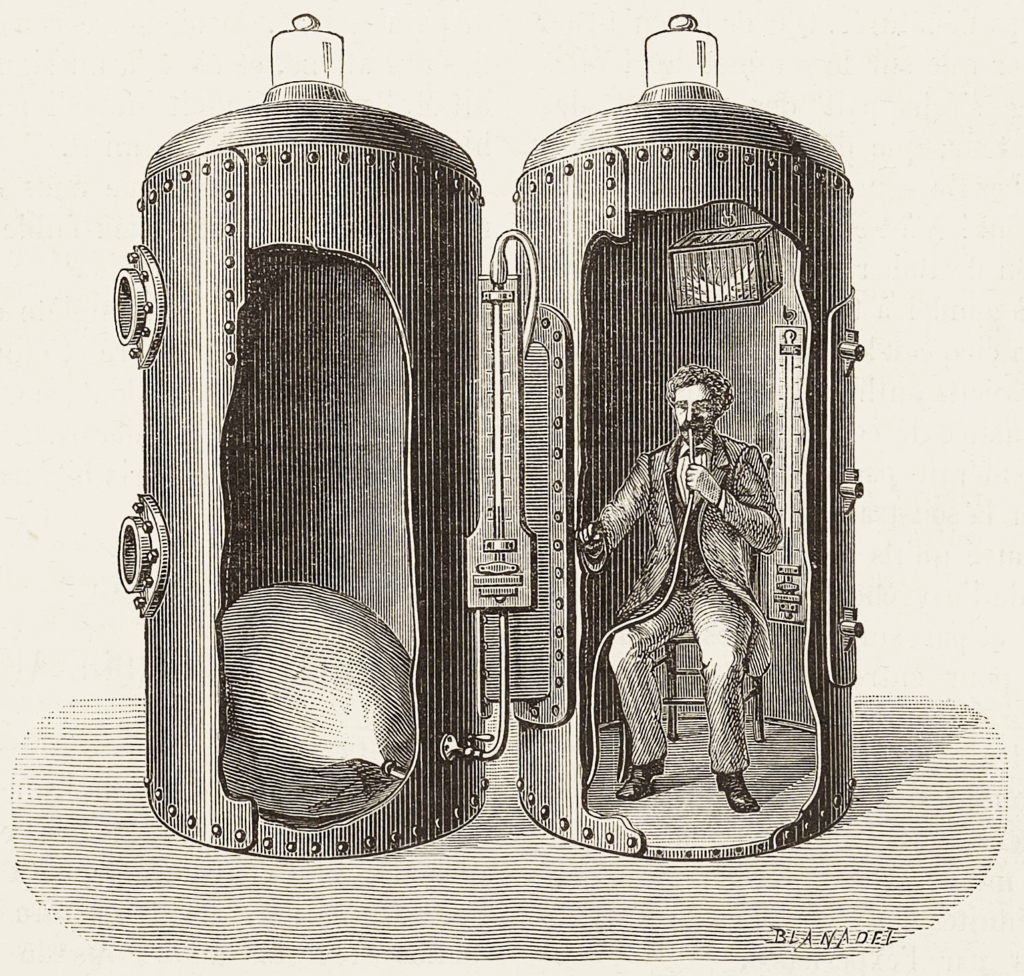 Cutaway engraving of a Victorian man inside a metal chamber