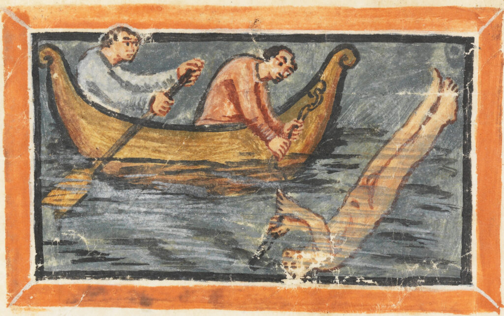 Illustration of two men men a boat and another diving