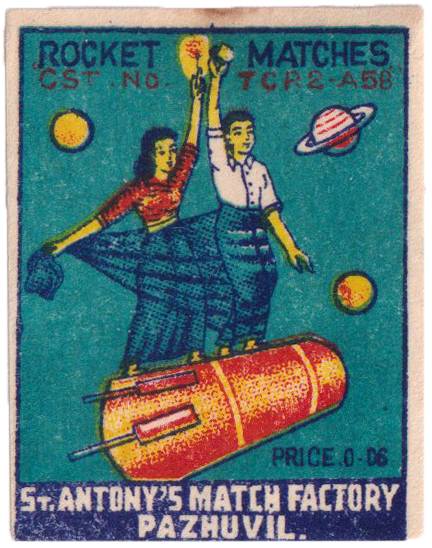 Color illustration of a South Asian couple riding a rocket in space