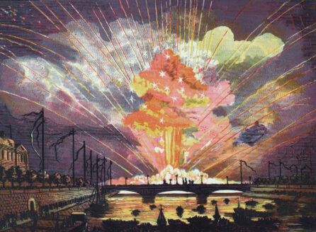 Color illustration of fireworks on the Seine, Paris