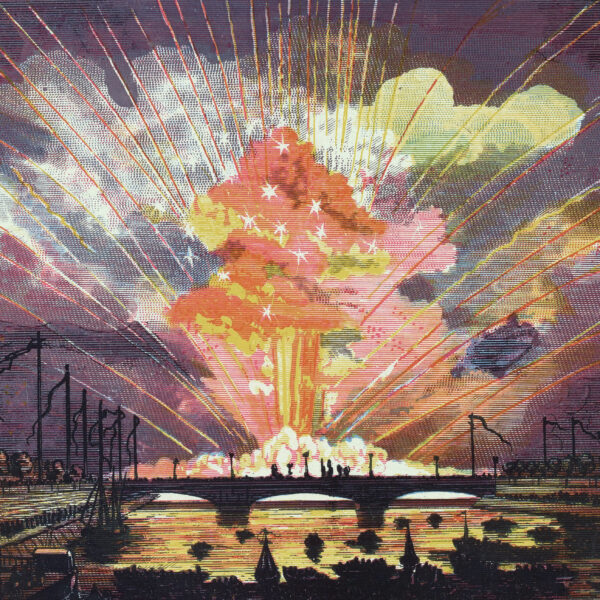 Color illustration of fireworks on the Seine, Paris