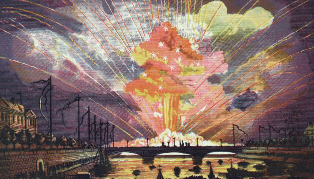 Color illustration of fireworks on the Seine, Paris