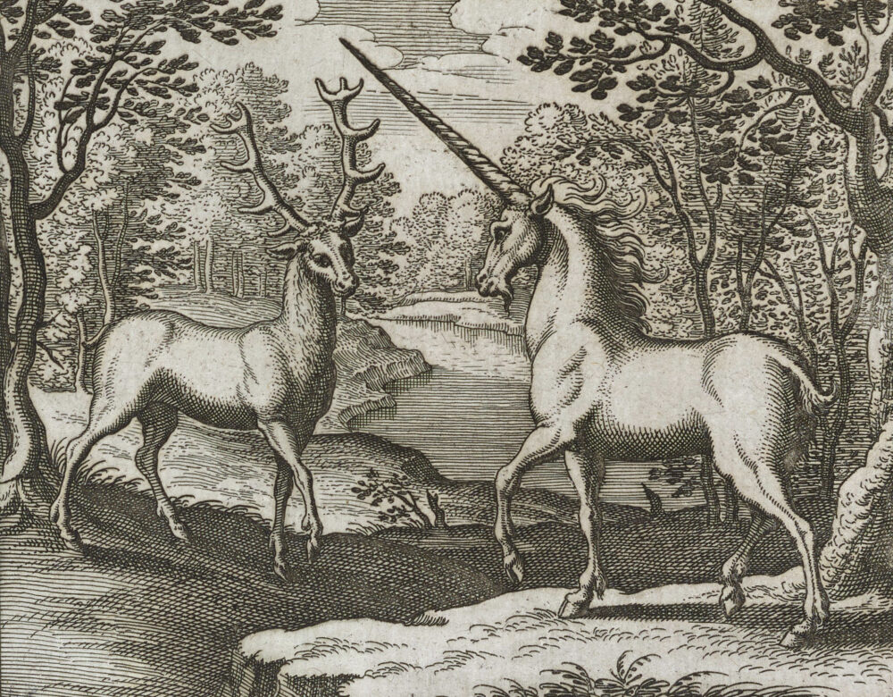 engraved illustration of a deer and unicorn in a forest