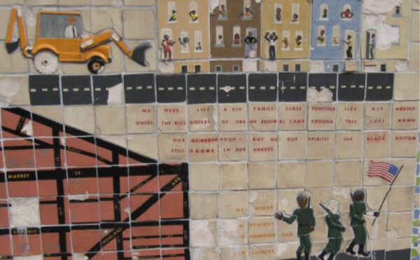 detail of a mosaic depicting Black Bottom at University City High School