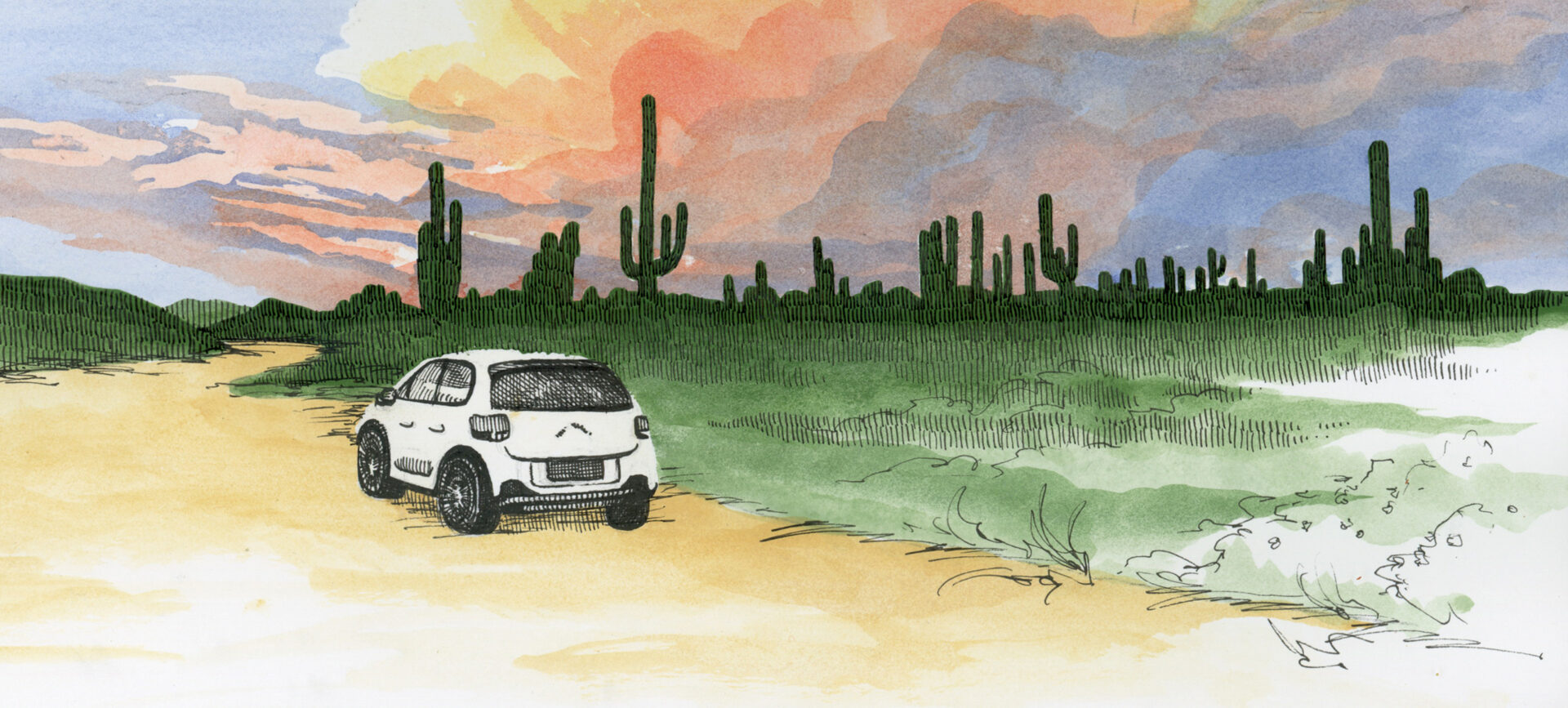 Color illustration of a desert scene with a car in the foreground and storm clouds on the horizon