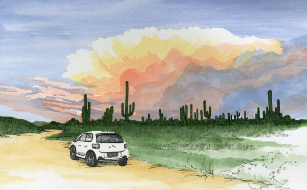 Color illustration of a desert scene with a car in the foreground and storm clouds on the horizon