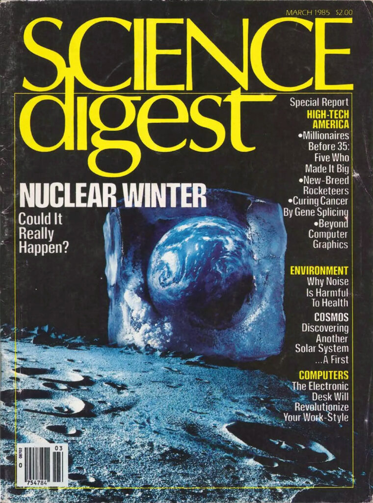 Magazine cover with image of Earth in ice block