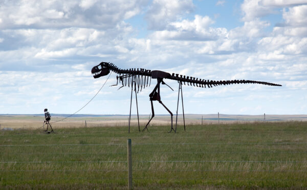 Roadside sculpture showing a skeleton man walking a skeleton dinosaur