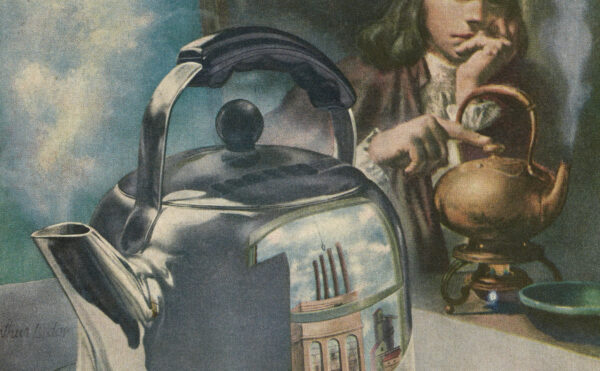 illustration of a colonial-era man behind a boiling kettle