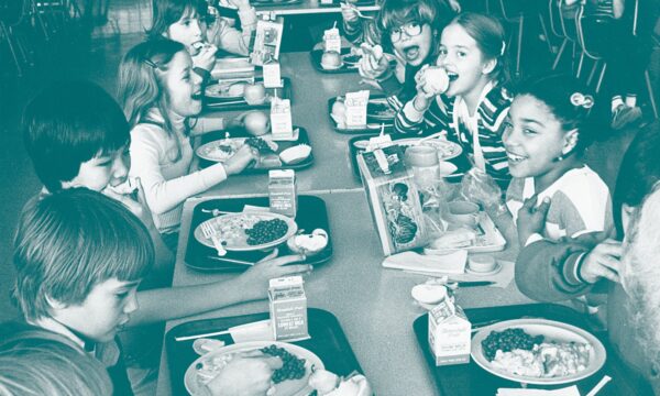 colorized image of students eating lunch