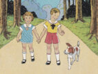 illustration of 2 children and a dog