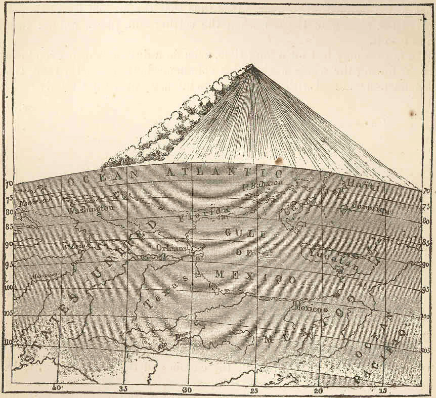 Black and white drawing of North America seen from the west with a representation of auroras above Earth