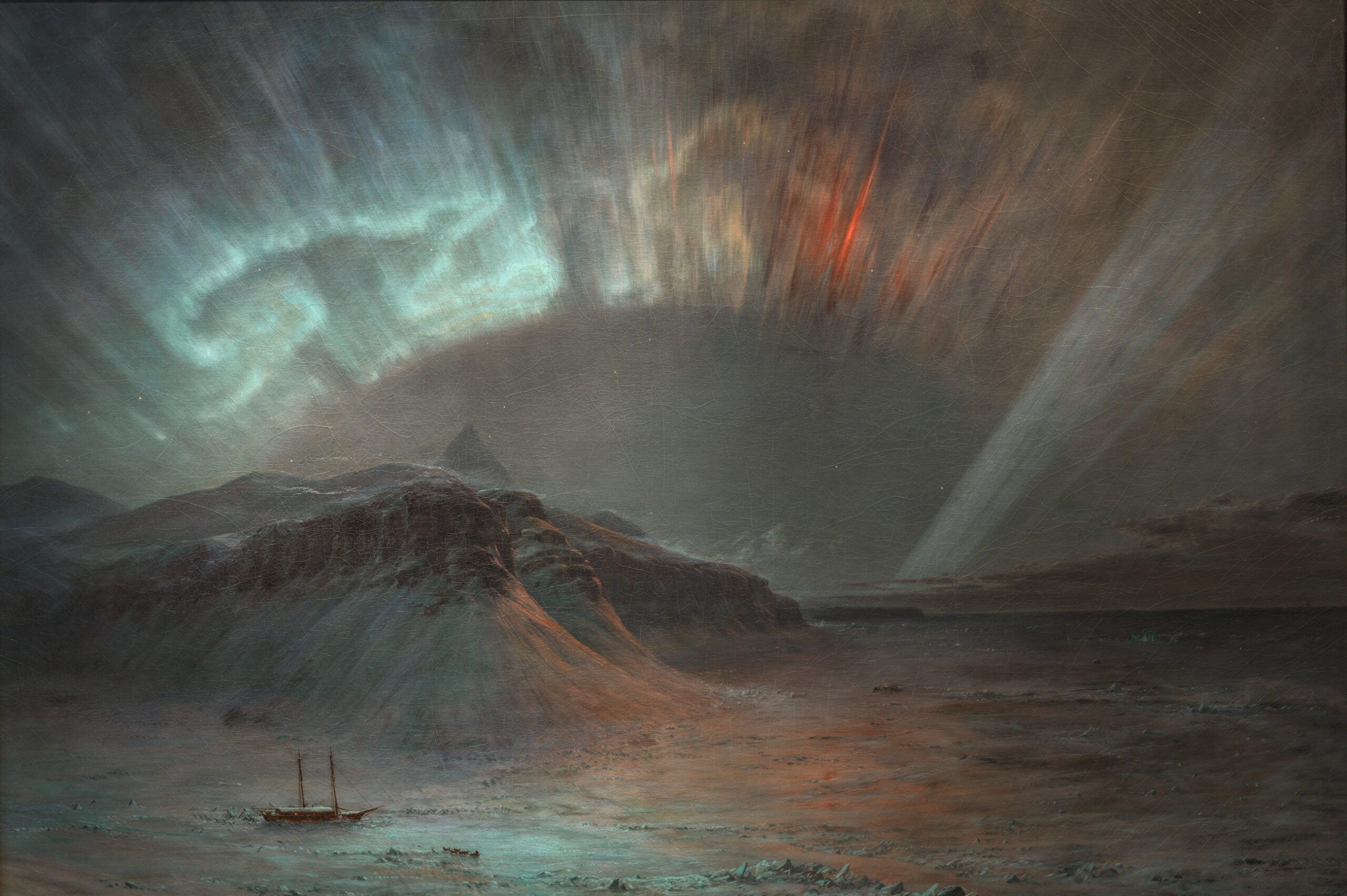 Oil painting of an arctic scene at night with a swirling aurora in the sky