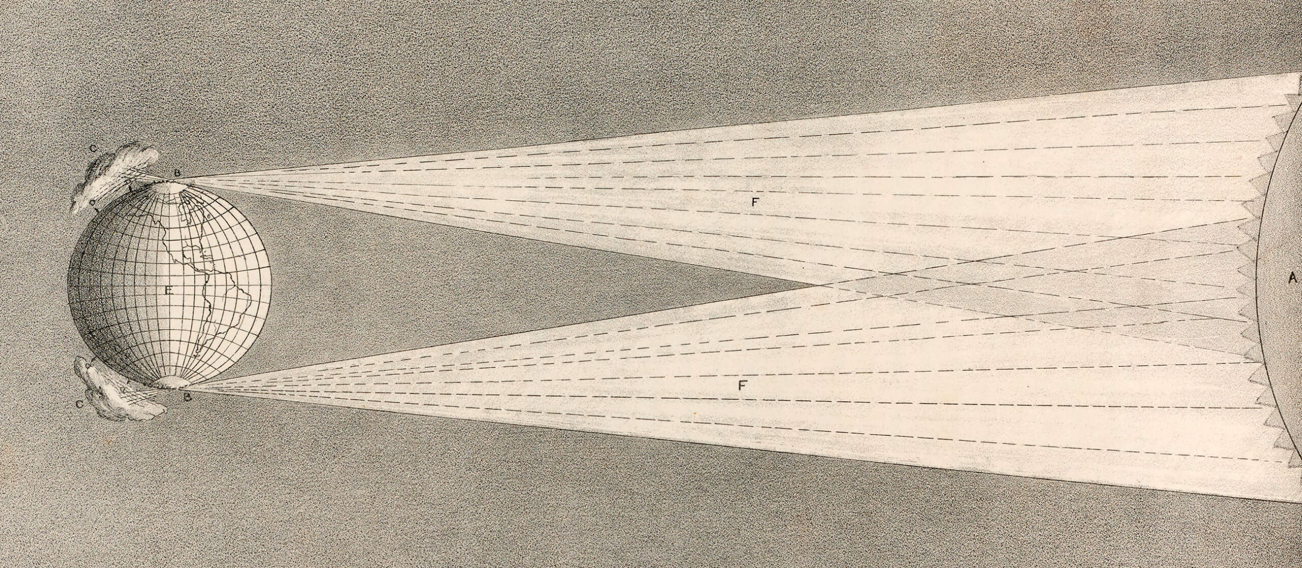 Black and white illustration of the Earth in space with rays extending from the sun's surface and concentrating in cloudlike shapes over the planet's poles