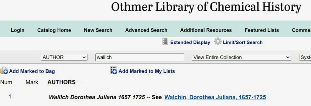 Entry for “Wallich” added to Dorothea Walchin’s name record in the library’s catalog.