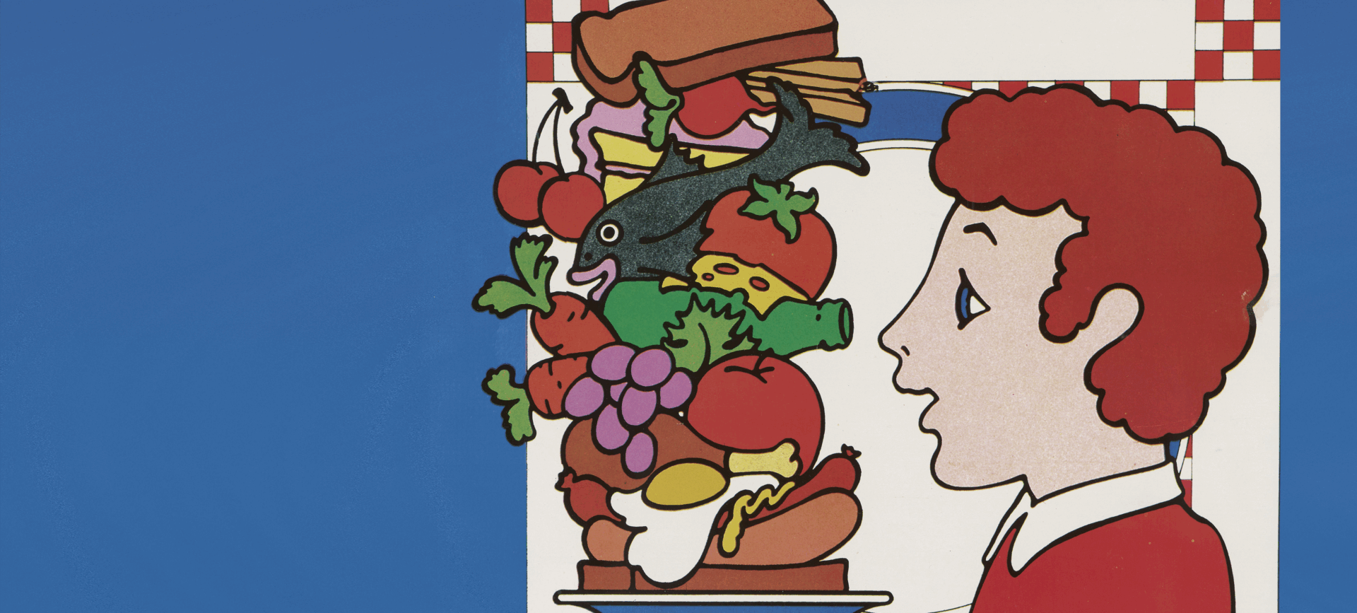 illustration of a man holding a very tall sandwich on a plate