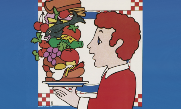illustration of a man holding a very tall sandwich on a plate