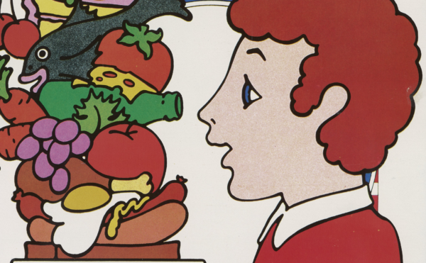 illustration of a man holding a very tall sandwich on a plate