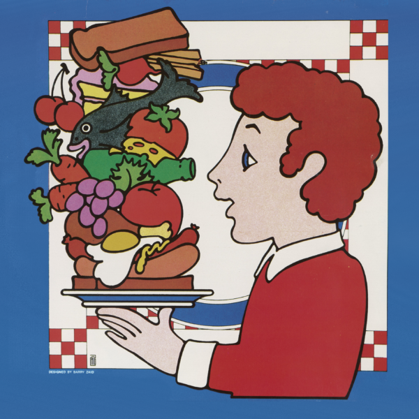 illustration of a man holding a very tall sandwich on a plate