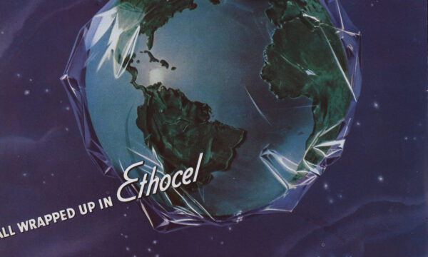 magazine ad featuring the earth wrapped in clear film