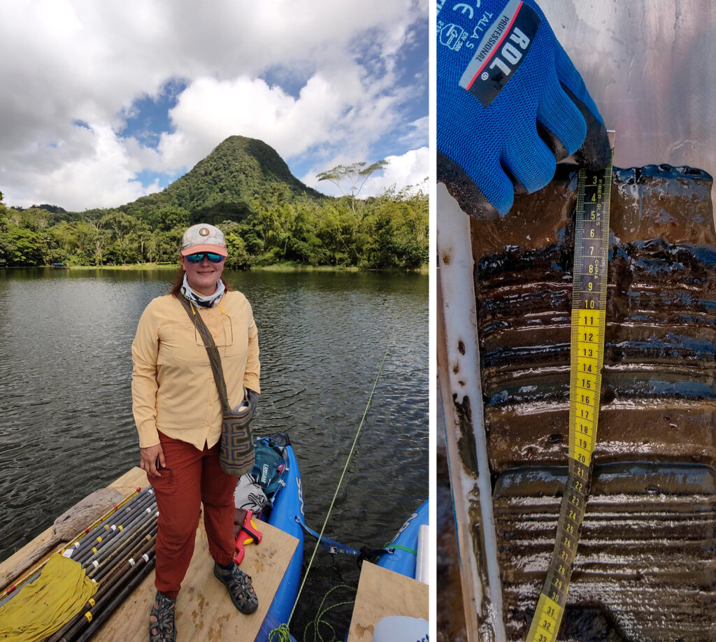 Dos fotografías en color: la izquierda muestra a un investigador en un bote en un lago en una zona montañosa y exuberante; la imagen de la derecha muestra un primer plano de capas de sedimentos fangosos con una mano sosteniendo una cinta métrica