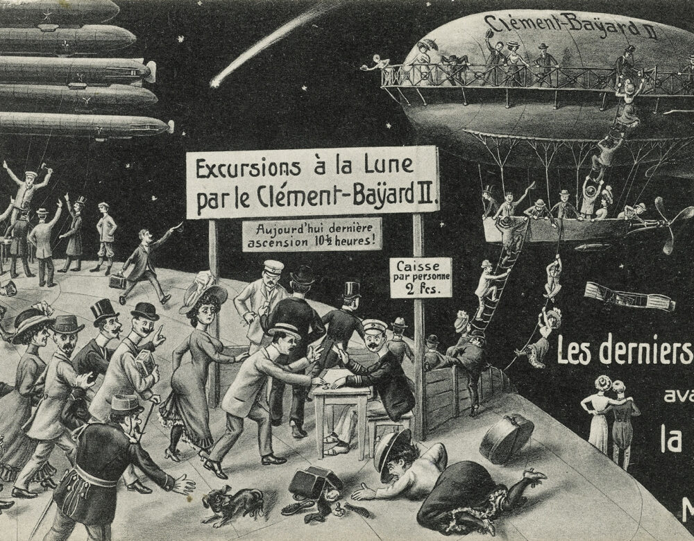 Satirical illustration showing a crowd of people scrabbling to board an overcrowded airship