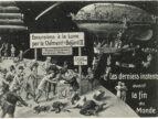 Satirical illustration showing a crowd of people scrabbling to board an overcrowded airship