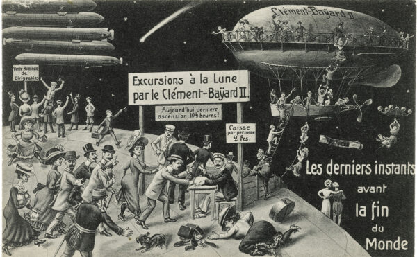 Satirical illustration showing a crowd of people scrabbling to board an overcrowded airship