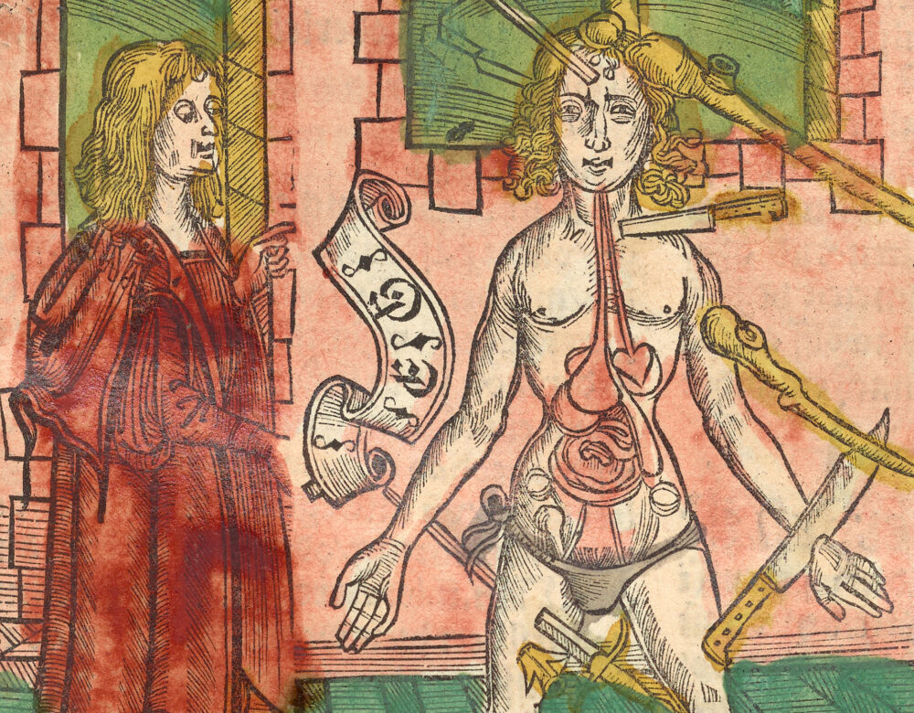 Old book engraving colored by hand and showing a man with various types of weapons embedded in different parts of his body