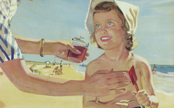 illustrated magazine ad featuring a parent applying sunscreen to child on the beach