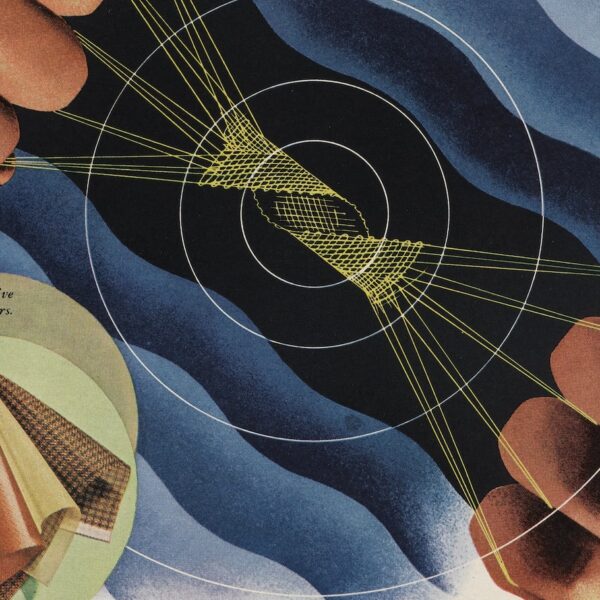 magazine ad featuring samples and hands weaving synthetic fabric
