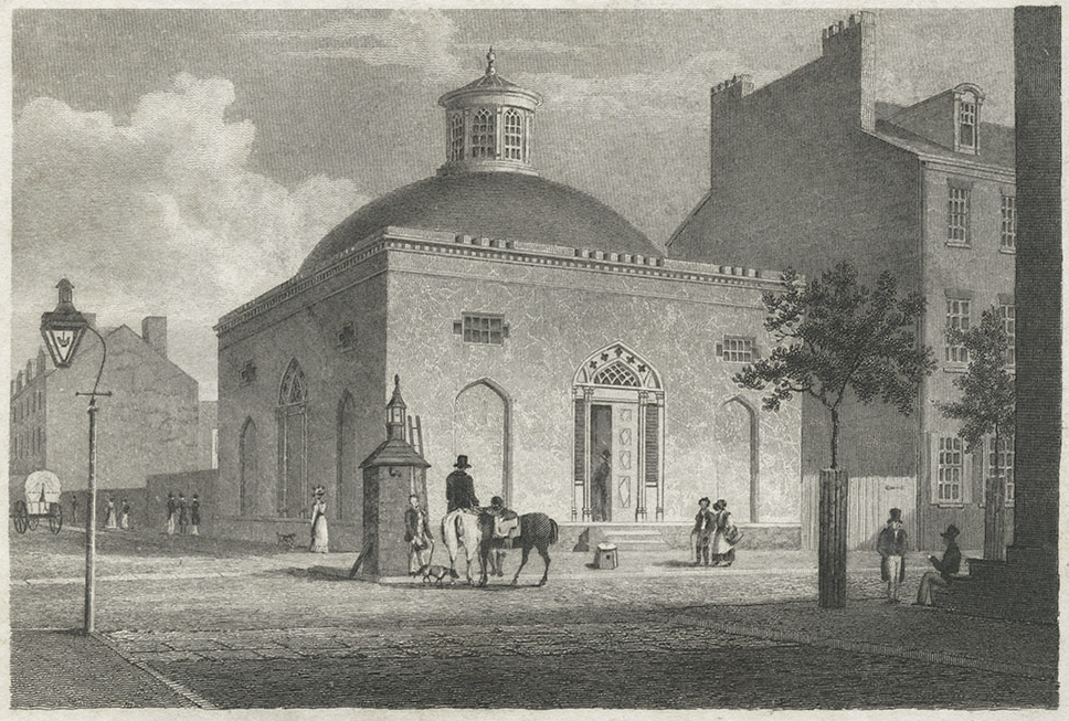 An engraving showing a street scene with a domed building