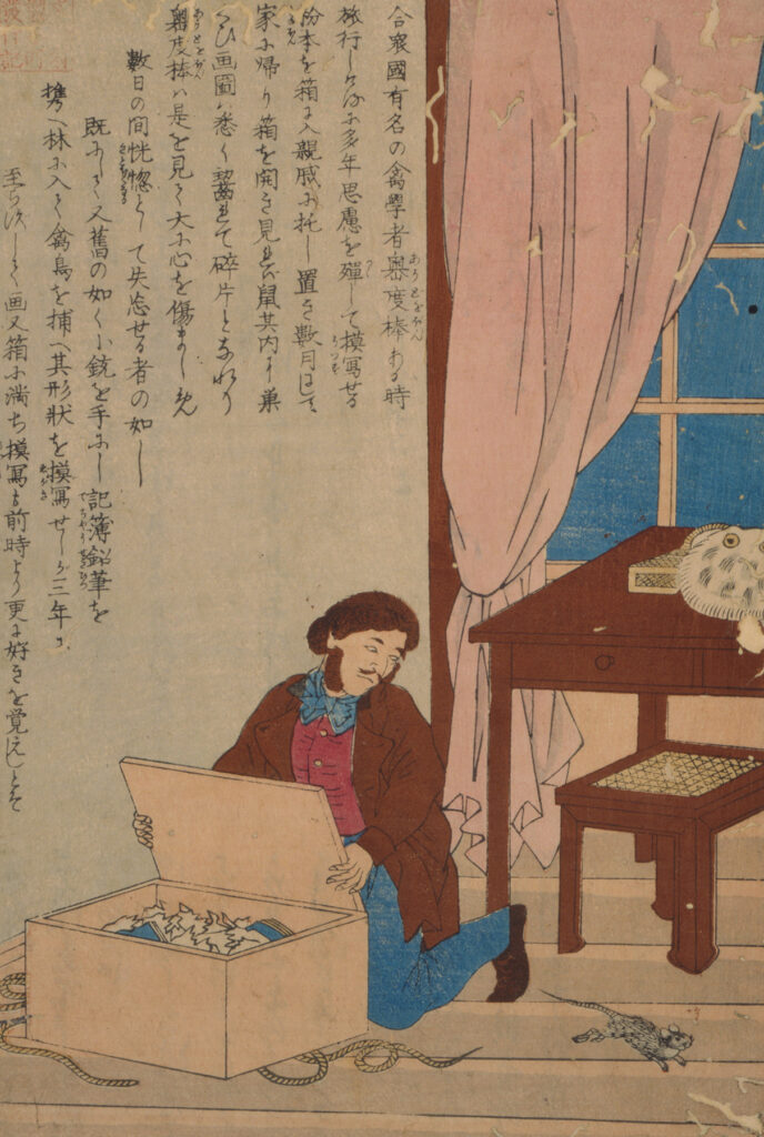 Color print showing a man opening a box while a rat scurries off