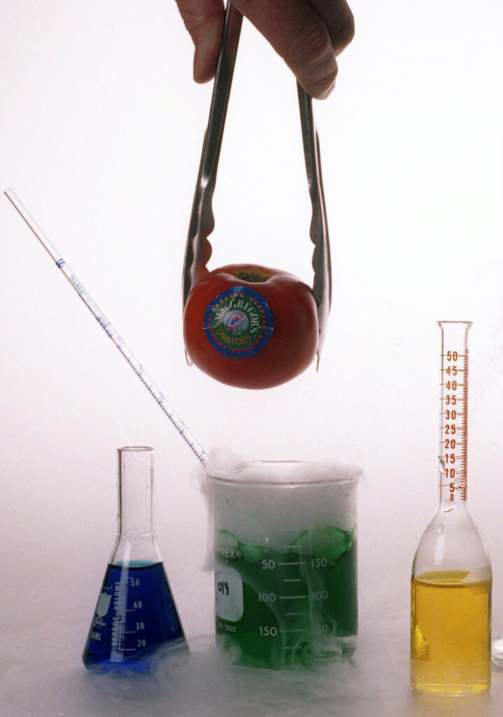 Staged color photo of a tomato held with tongs above beakers and graduated cylinders with colorful liquids and surrounded by fog