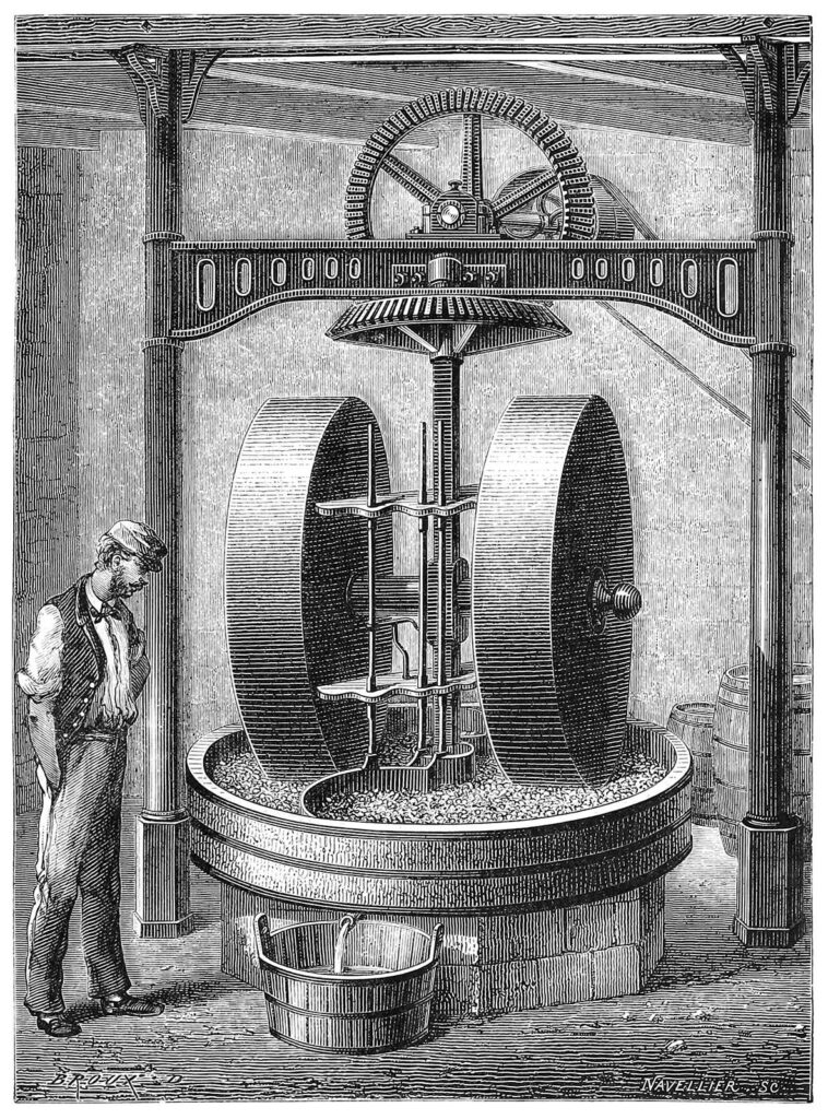 Engraving showing a main looking at mechanical 19th-century oil mill