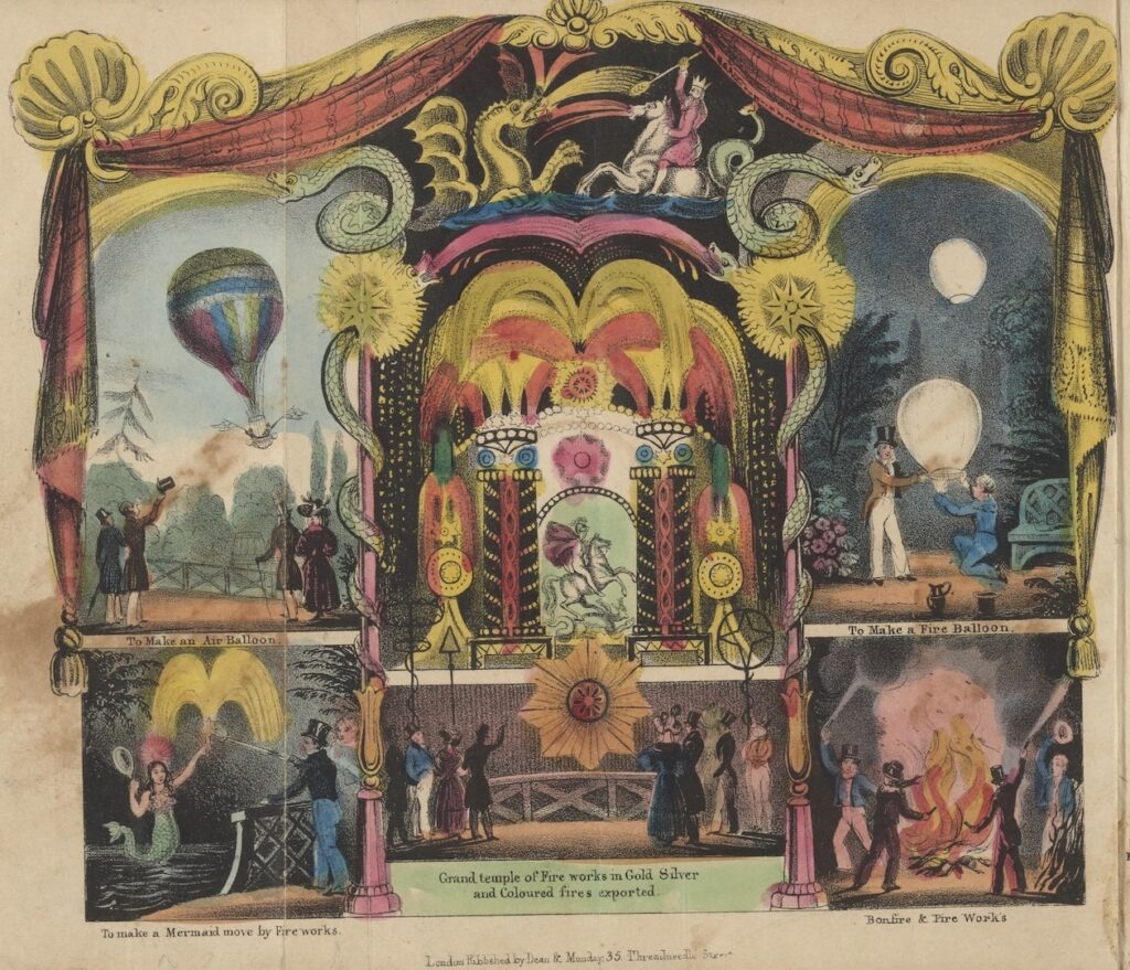 hand-colored etching from the circa 1820s book The Art of Making Fireworks, Detonating Balls, &c.