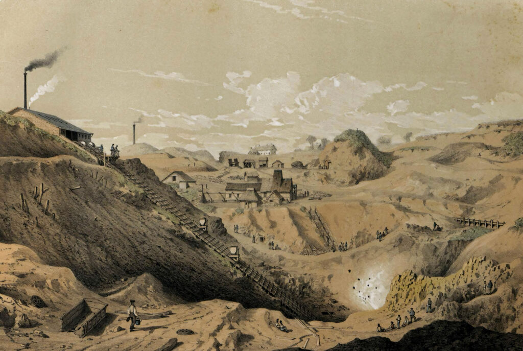 Color lithograph of a mining landscape