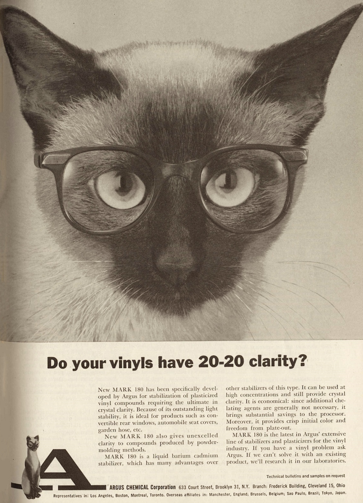 old advertisement depicting a cat wearing glasses