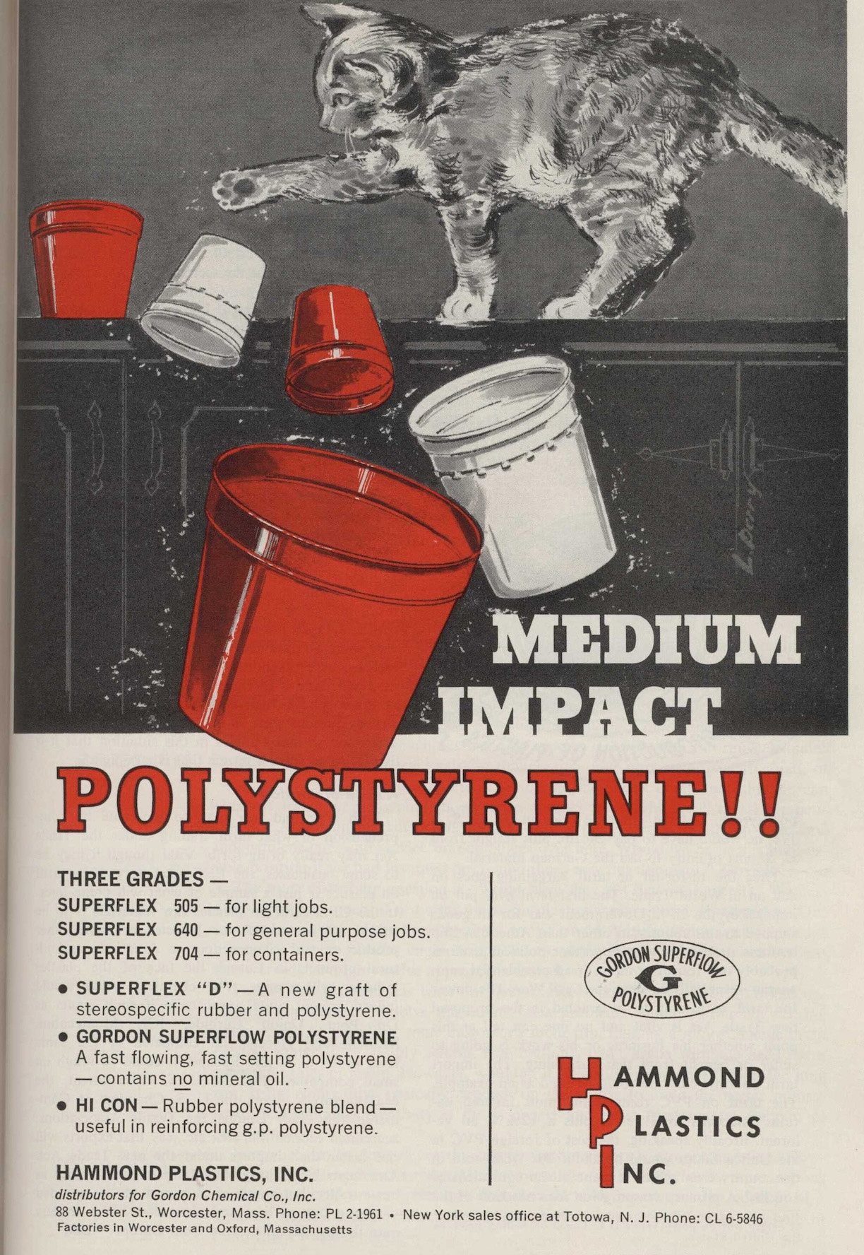 old advertisement featuring a cat knocking over containers