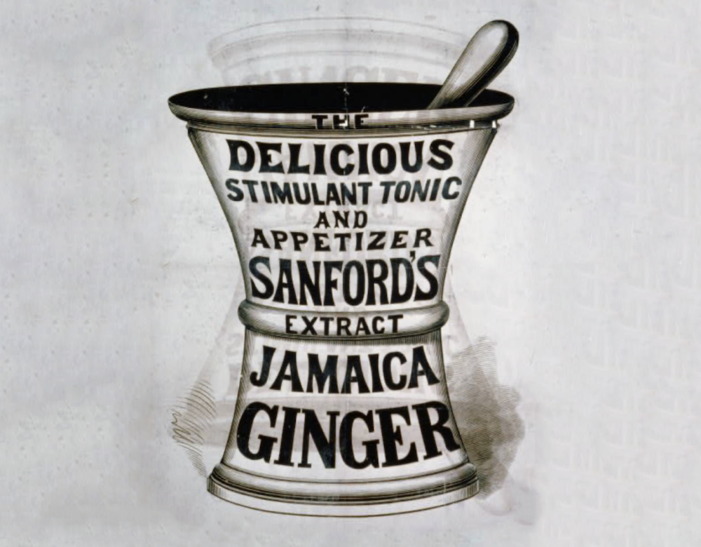 Black and white advertisement printed on apothecary's grinder