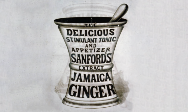 Black and white advertisement printed on apothecary's grinder