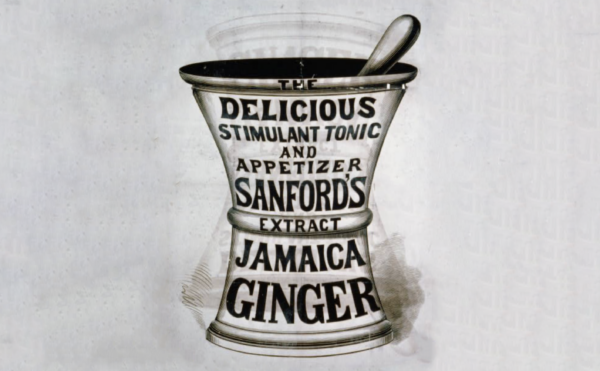 Black and white advertisement printed on apothecary's grinder