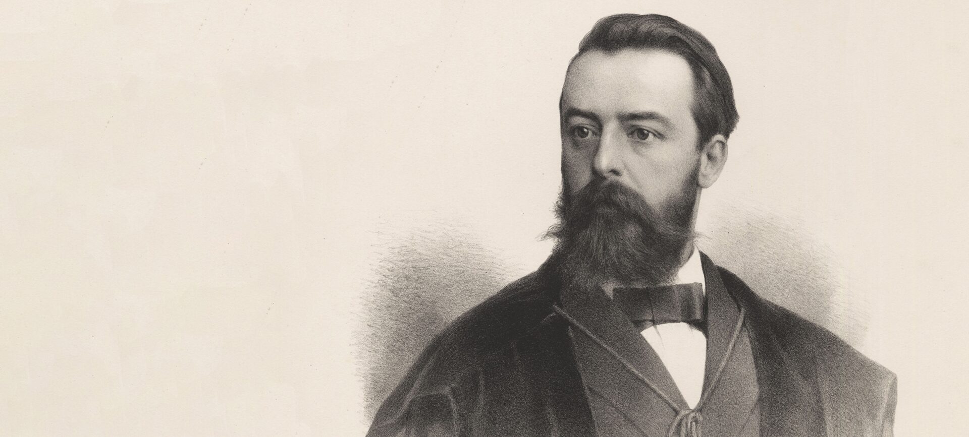 Black and white illustration of a middle-aged man with beard in academic robes