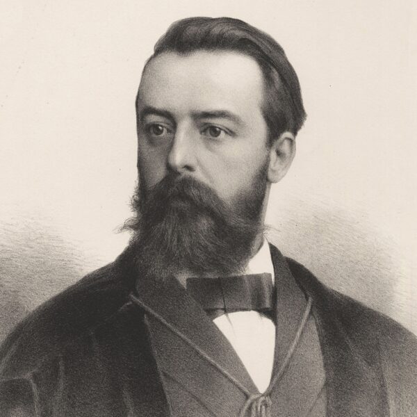 Black and white illustration of a middle-aged man with beard in academic robes