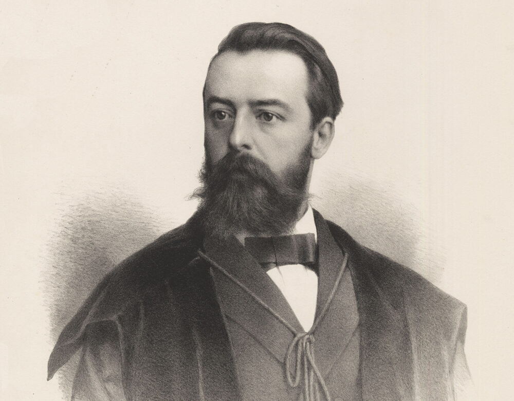 Black and white illustration of a middle-aged man with beard in academic robes